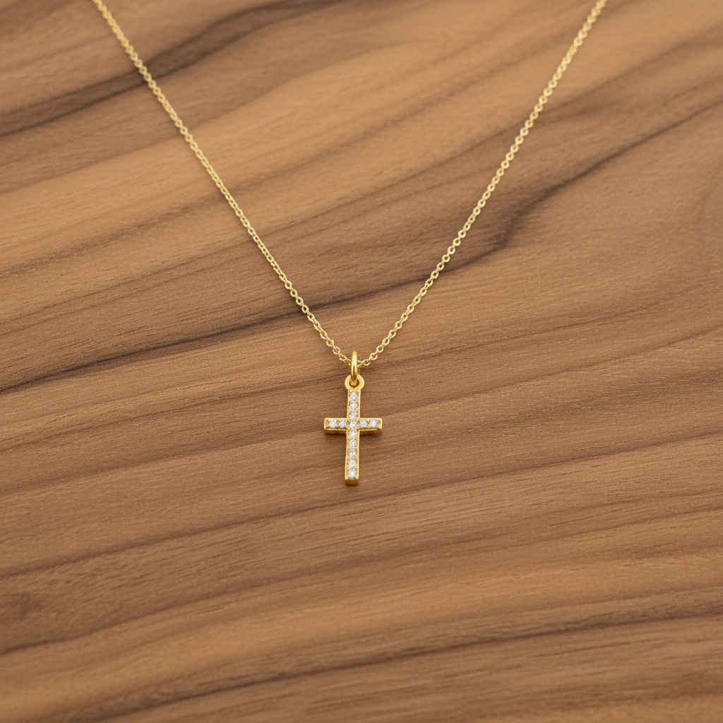Sterling silver gold plated tiny cross with zirkons - Katerina Roukouna