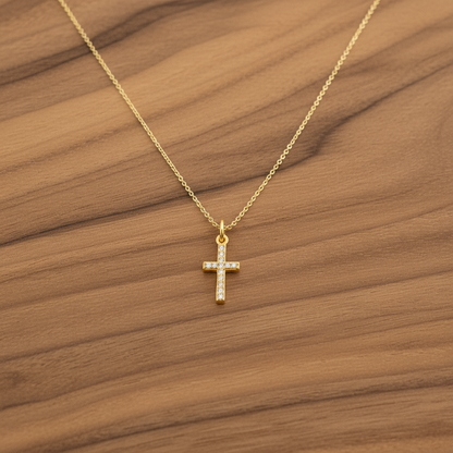 Sterling silver gold plated tiny cross with zirkons - Katerina Roukouna