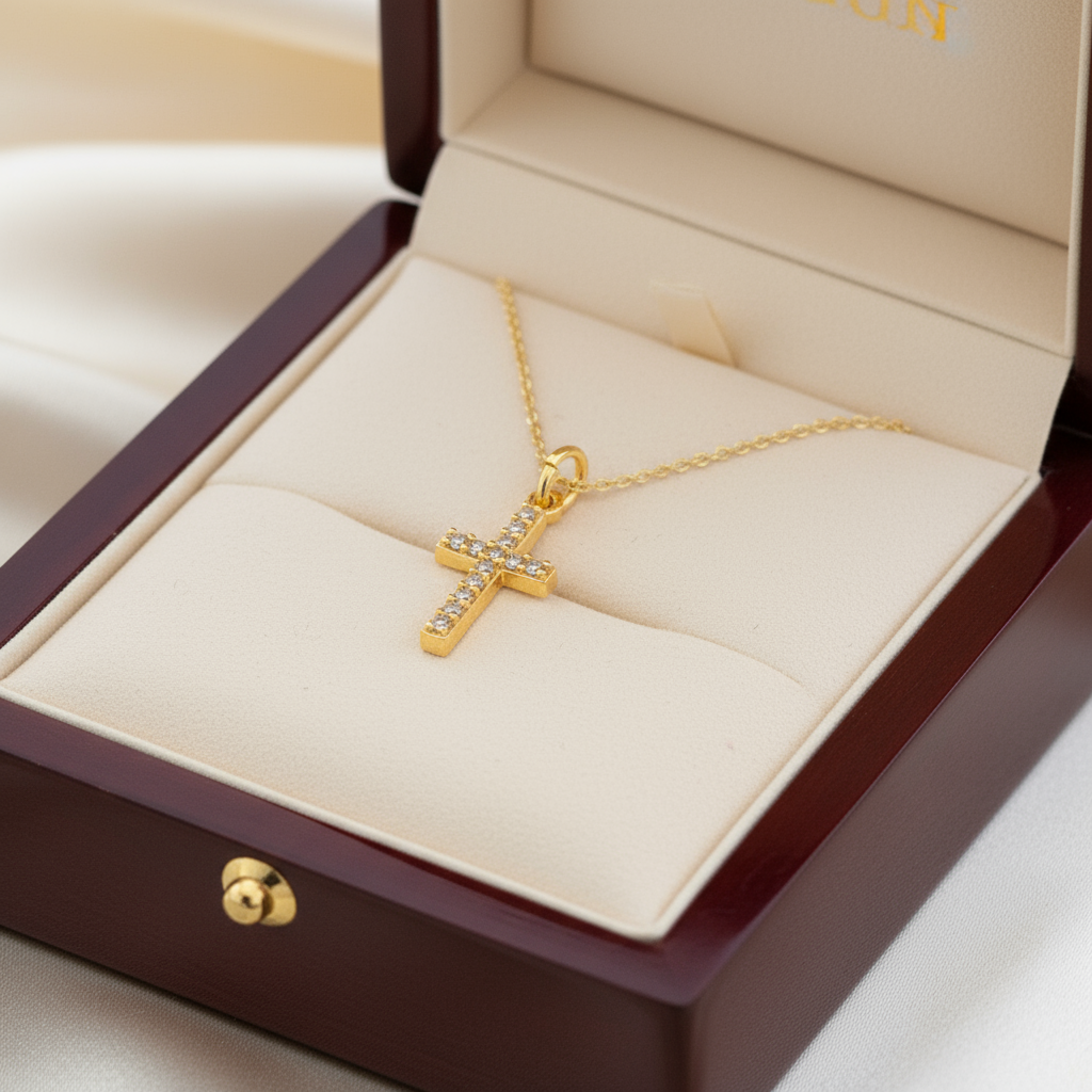 Sterling silver gold plated tiny cross with zirkons - Katerina Roukouna