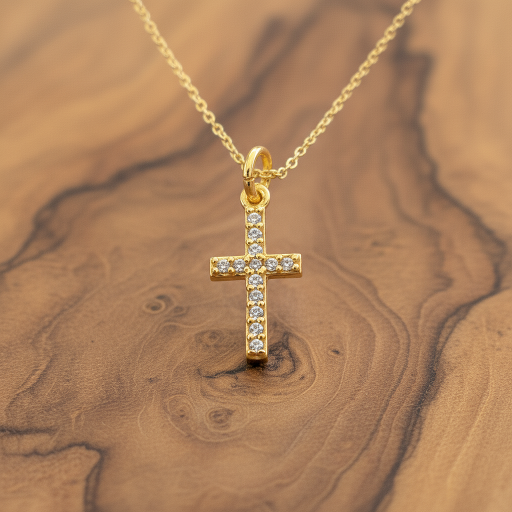 Sterling silver gold plated tiny cross with zirkons - Katerina Roukouna