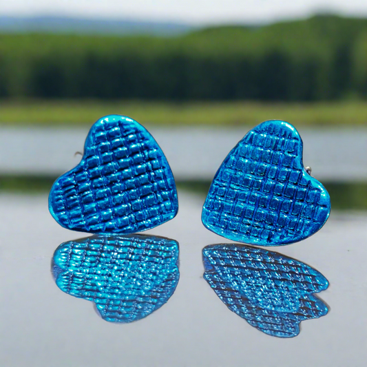 Sterling silver earrings- hearts- blue enamel