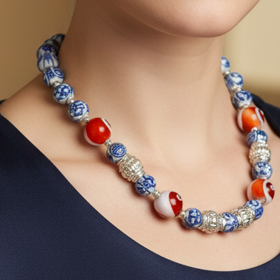 Tibetan Porcelain & Sterling Silver Necklace