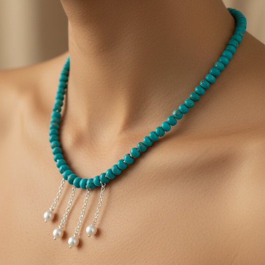 Handmade necklace with turqoise sterling silver and pearls - Katerina Roukouna