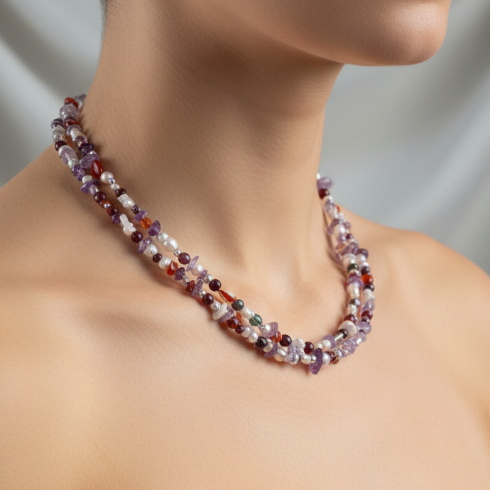 Handmade necklace with multi color gemstones and sterling silver - Katerina Roukouna