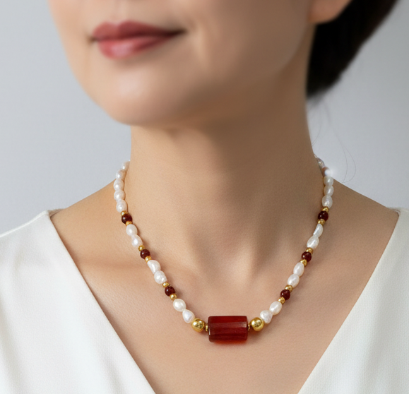 Pearls, Carnelians & Gold Plated Silver Necklace (II) - Katerina Roukouna