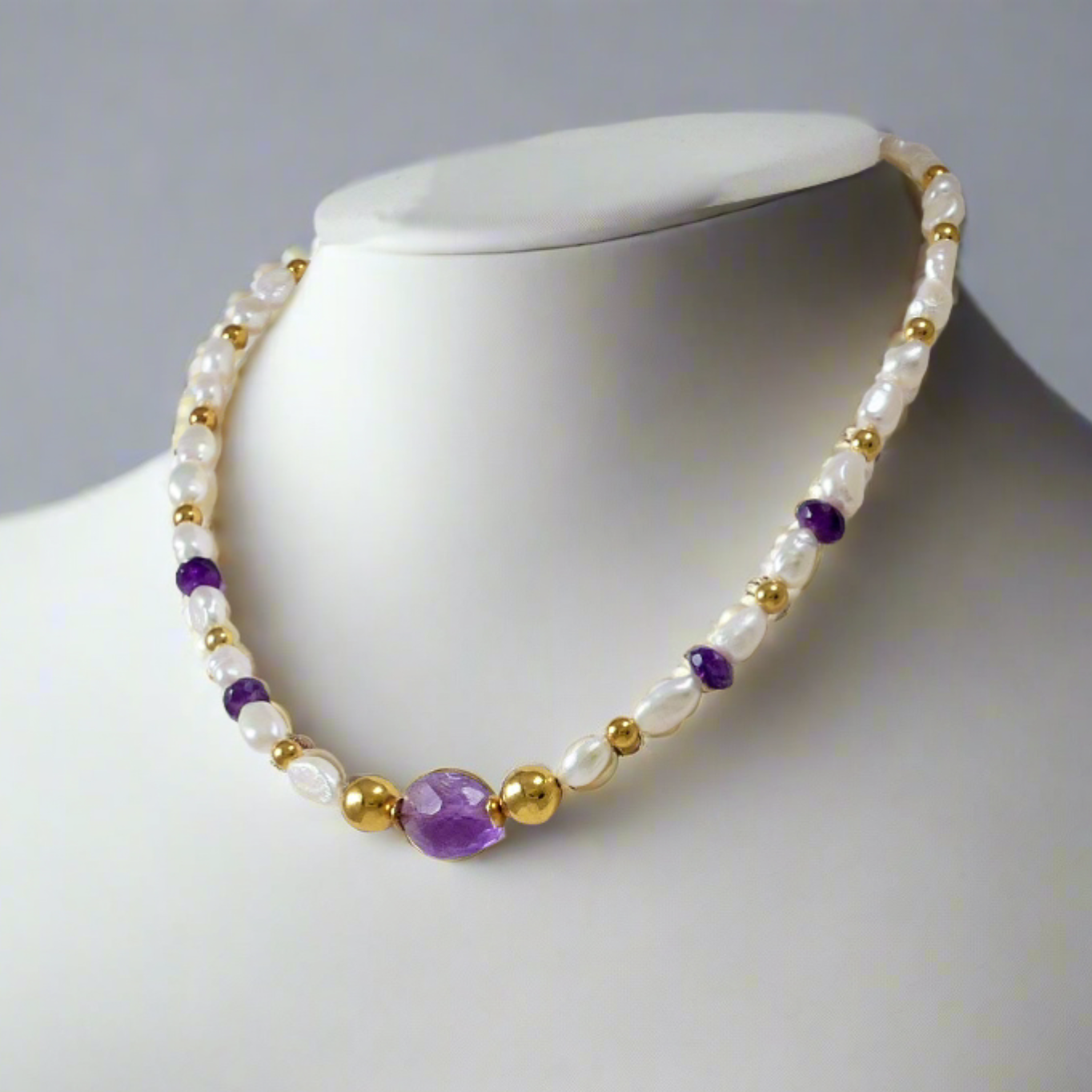 Pearls, Amethysts & Gold Plated Silver Necklace (III) - Katerina Roukouna