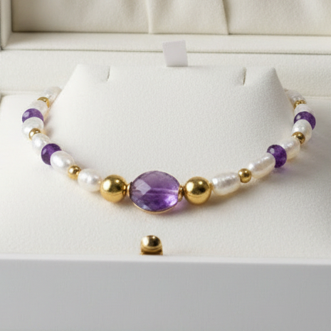 Pearls, Amethysts & Gold Plated Silver Necklace (III) - Katerina Roukouna