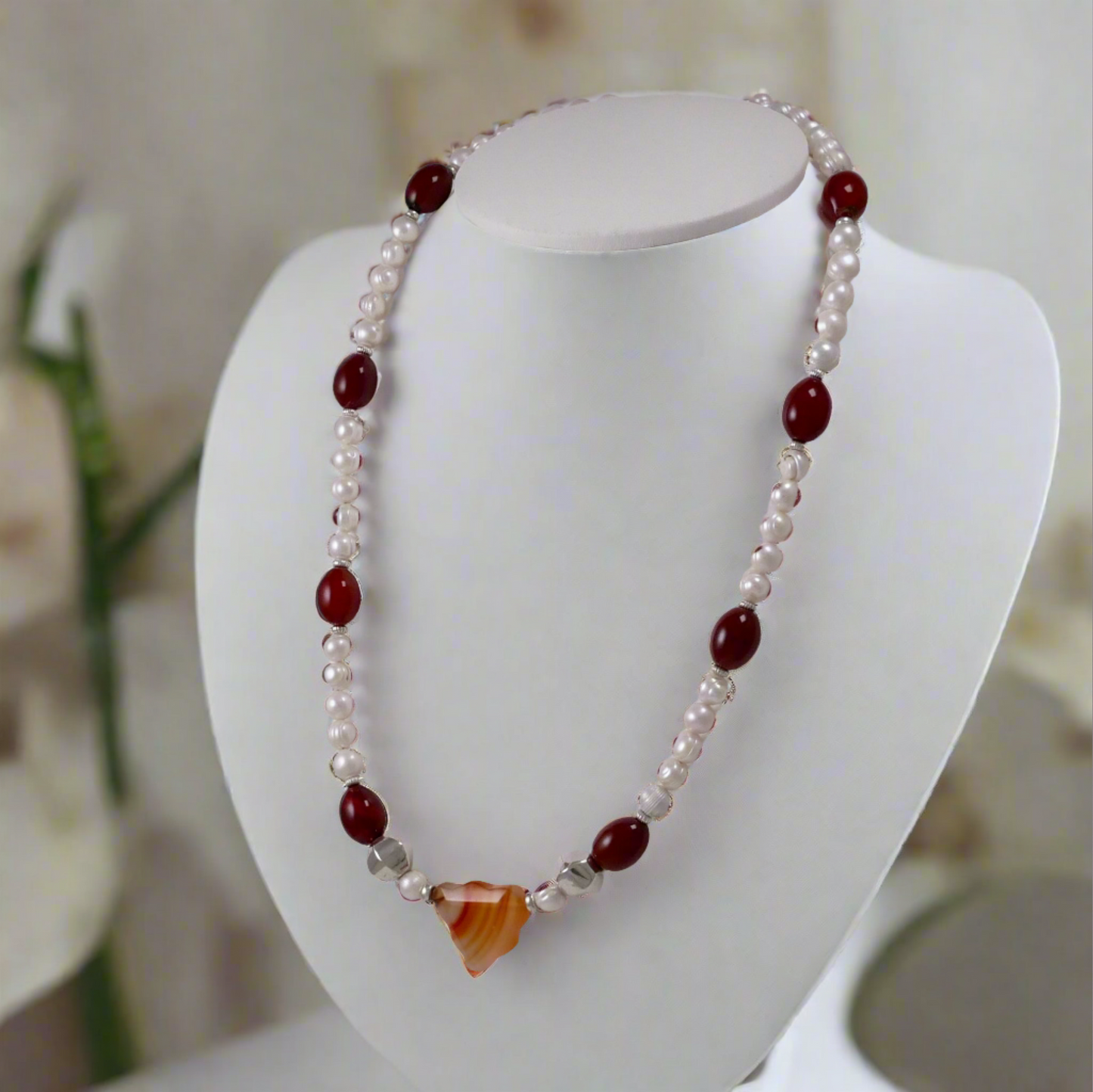 Pearls, Carnelians, Agates, and Sterling Silver Necklace