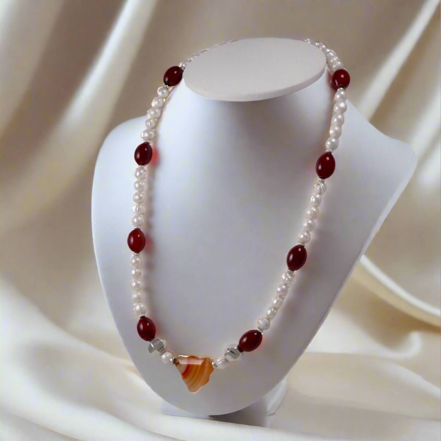 Pearls, Carnelians, Agates, and Sterling Silver Necklace