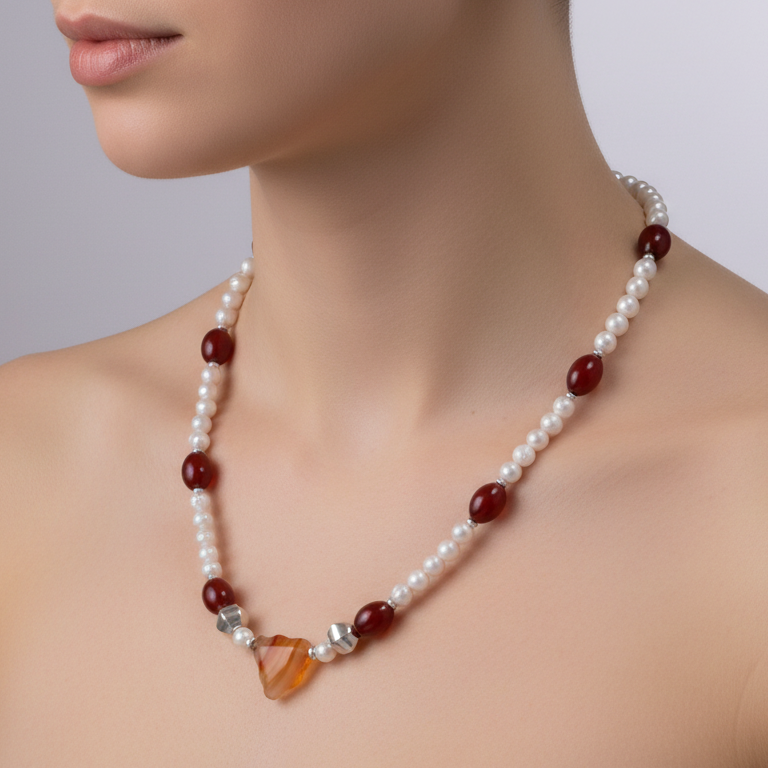Pearls, Carnelians, Agates, and Sterling Silver Necklace - Katerina Roukouna