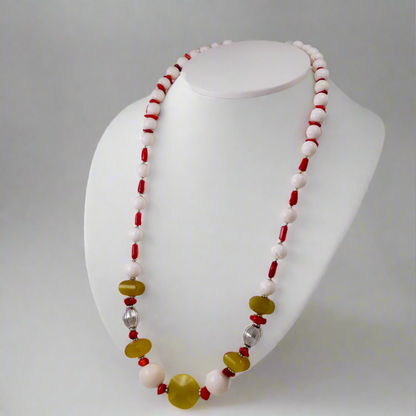 White & Red Corals w' Olive Jade and Sterling Silver Necklace