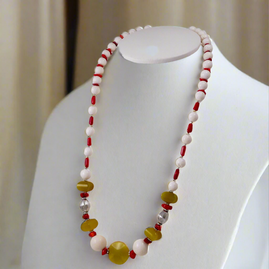 White & Red Corals w' Olive Jade and Sterling Silver Necklace