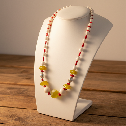 White & Red Corals w' Olive Jade and Sterling Silver Necklace - Katerina Roukouna