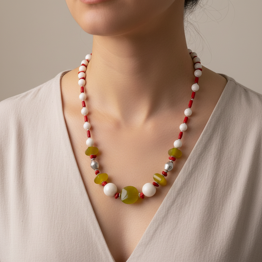 White & Red Corals w' Olive Jade and Sterling Silver Necklace - Katerina Roukouna