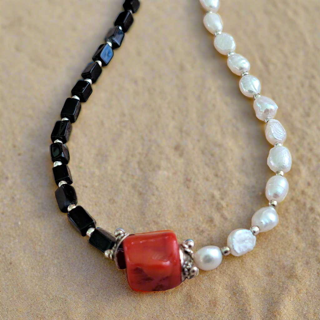 Pearl,onyx, coral and sterling silver necklace