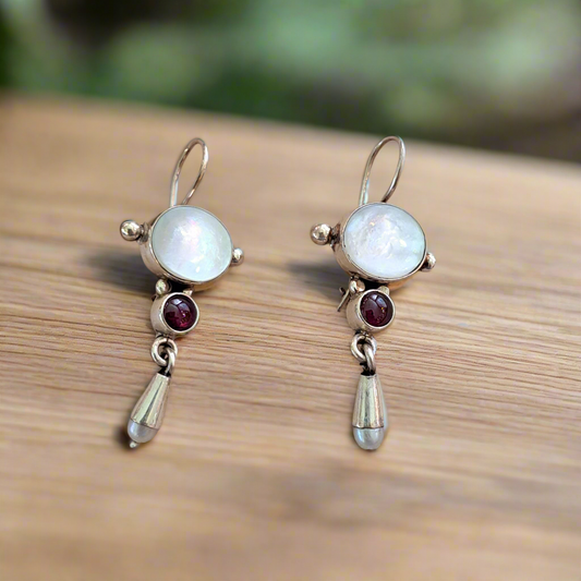 Handmade sterling silver earrings with mother of pearl, garnets and pearls