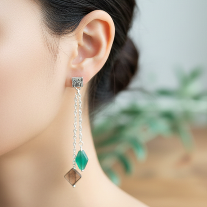 Handmade sterling silver earrings with green agates and tiger eyes - Katerina Roukouna