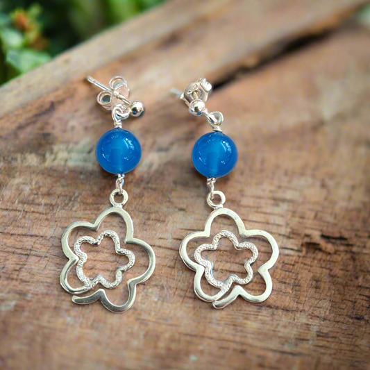 Sterling silver earrings with flowers and blue agates