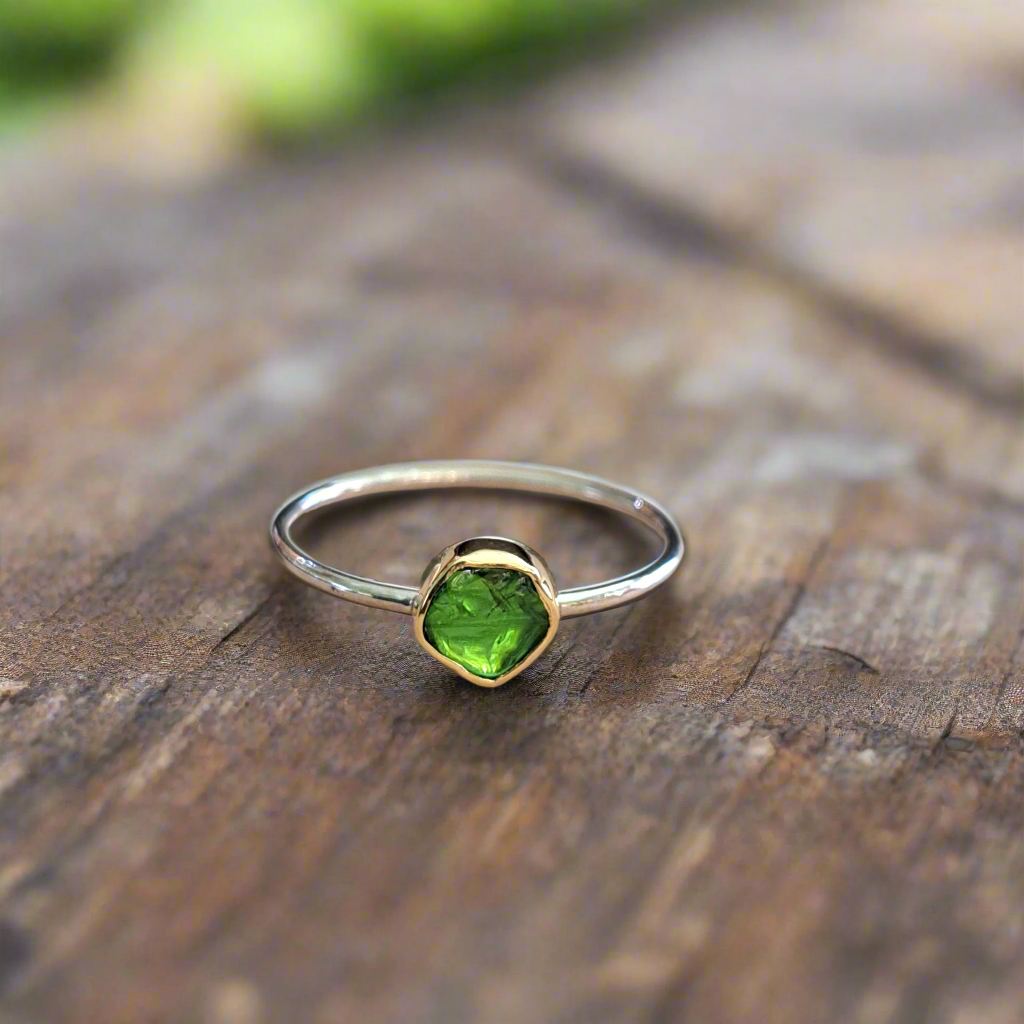 Handmade sterling silver and 18K gold ring with peridot