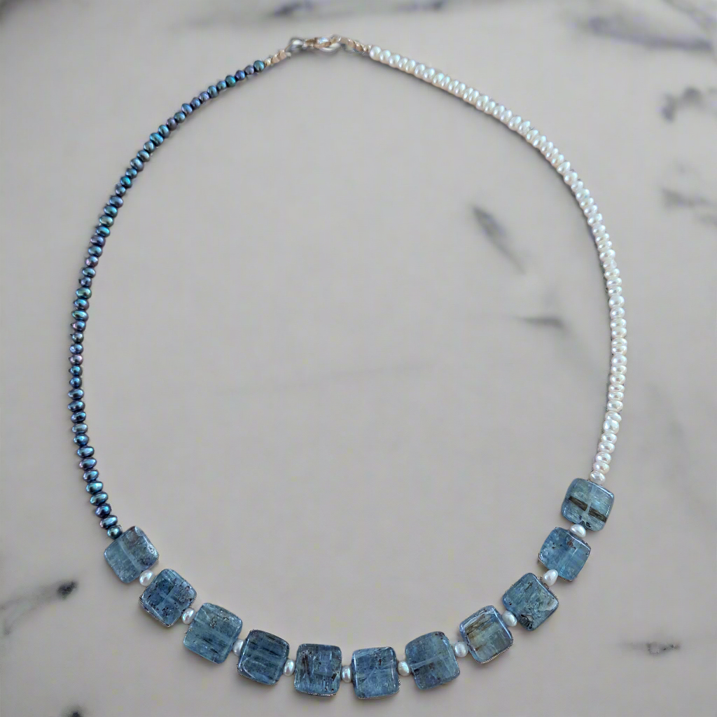 Handmade necklace with pearls, kyanite and sterling silver.