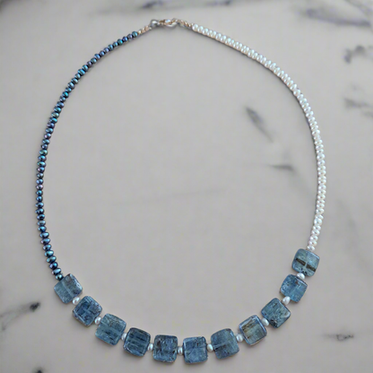 Handmade necklace with pearls, kyanite and sterling silver.