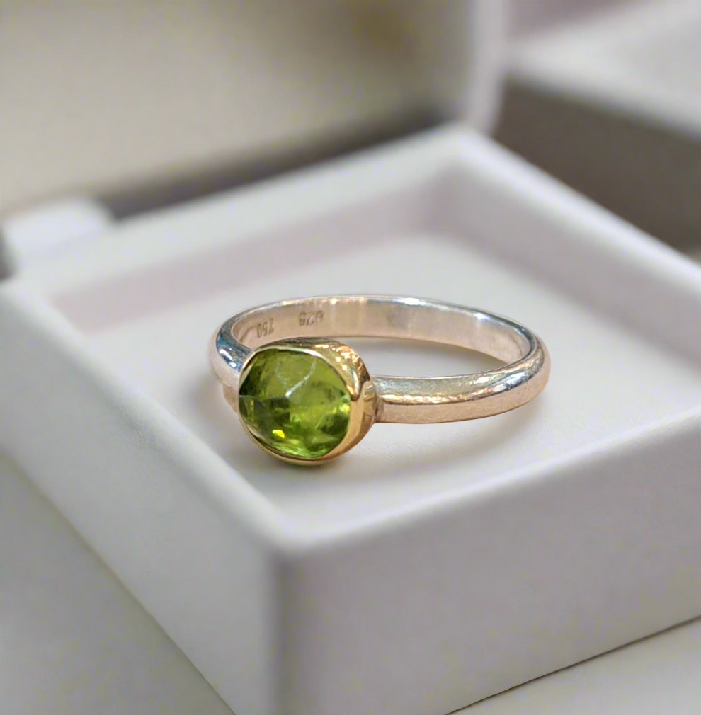 Handmade  sterling  silver and 18K  gold ring  with peridot