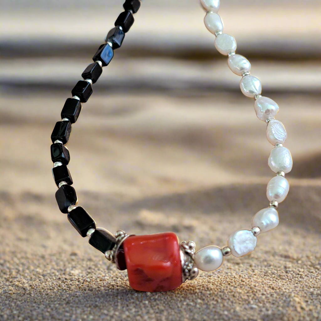 Pearl,onyx, coral and sterling silver necklace