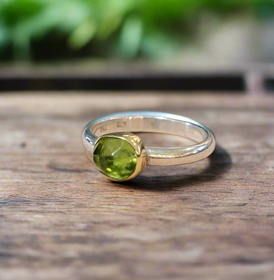 Handmade  sterling  silver and 18K  gold ring  with peridot