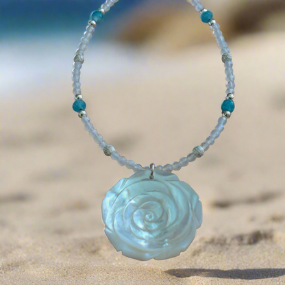 Necklace with agates, mother of pearl and sterling silver.