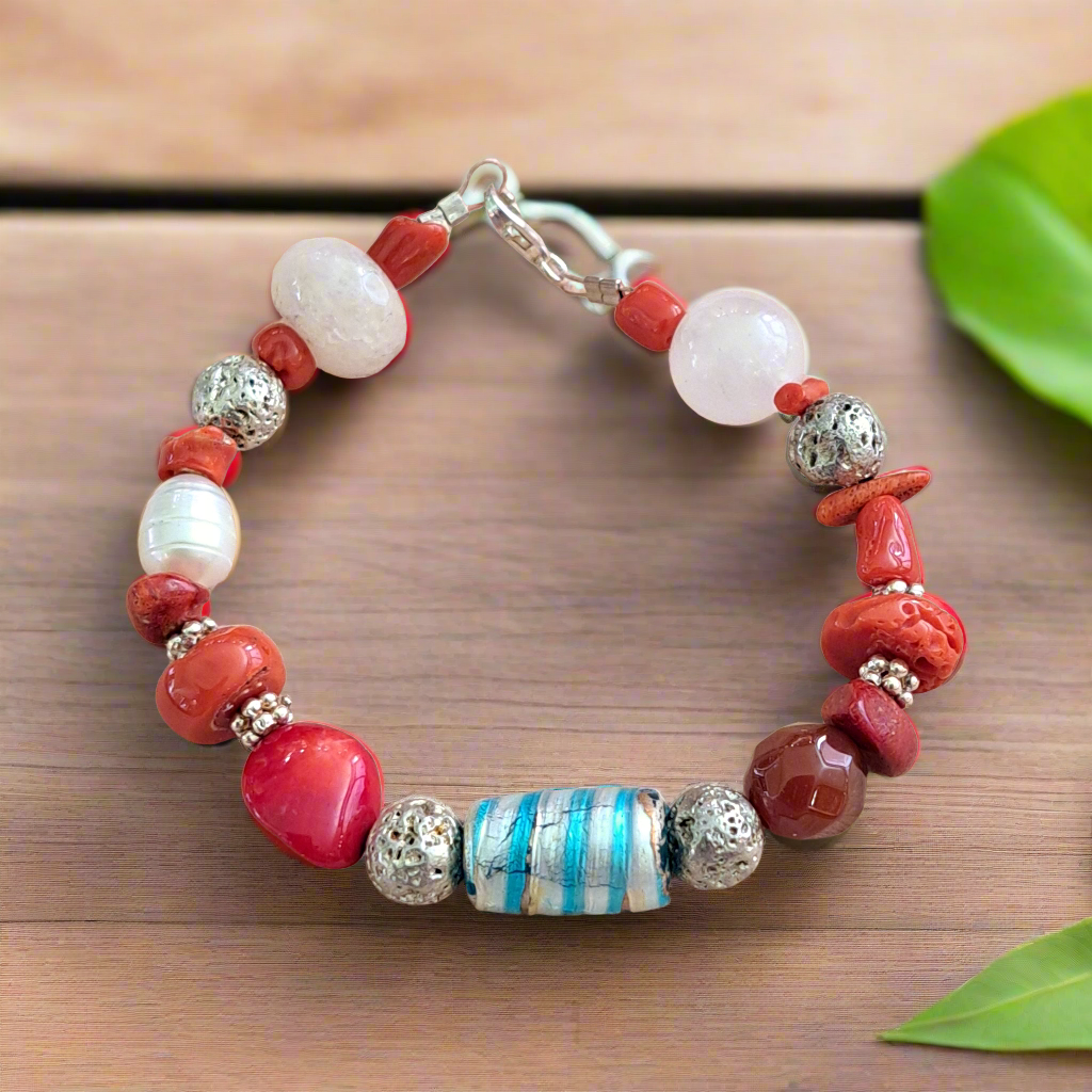 Bracelet with corals,quartz and sterling silver