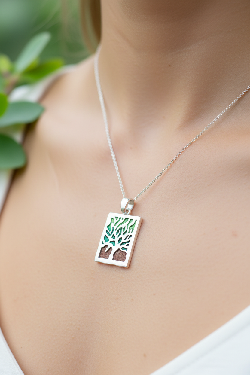 Tree of life, sterling silver necklace enamel painted