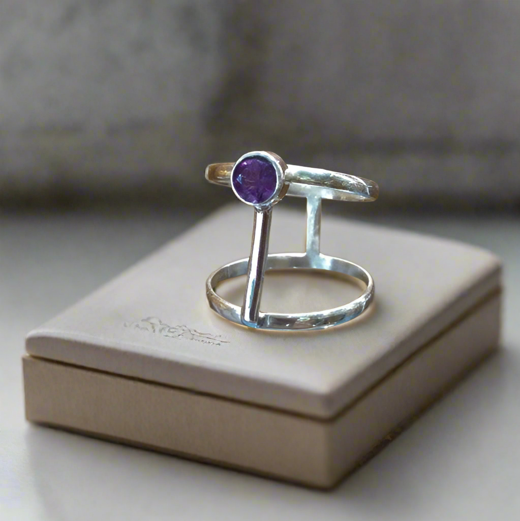 Silver ring with round amethyst