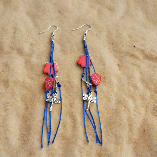 Handmade earrings with dyed red haolites and metallic dragon flies - Katerina Roukouna