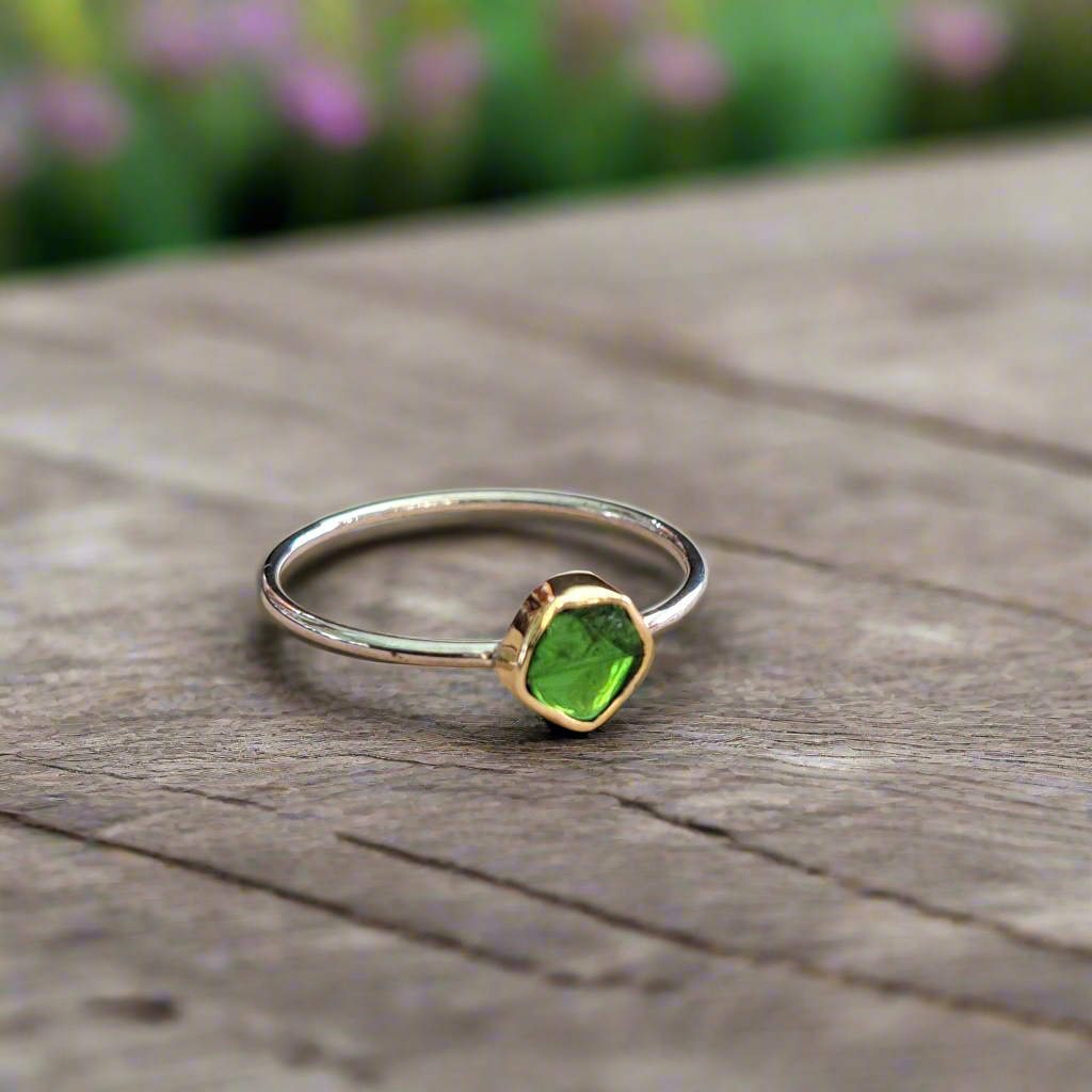 Handmade sterling silver and 18K gold ring with peridot