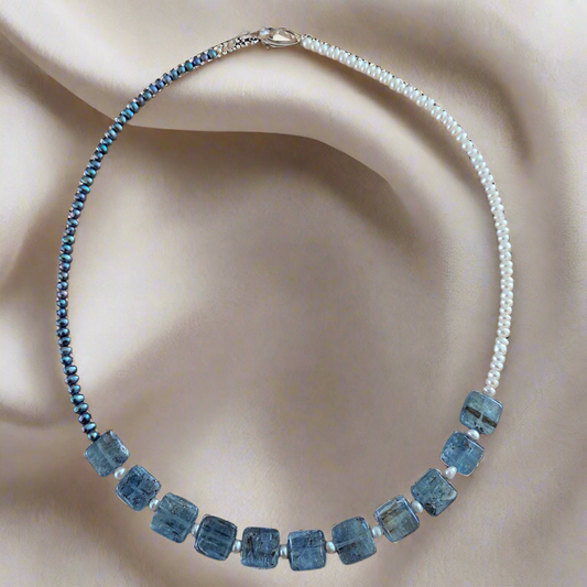 Handmade necklace with pearls, kyanite and sterling silver.