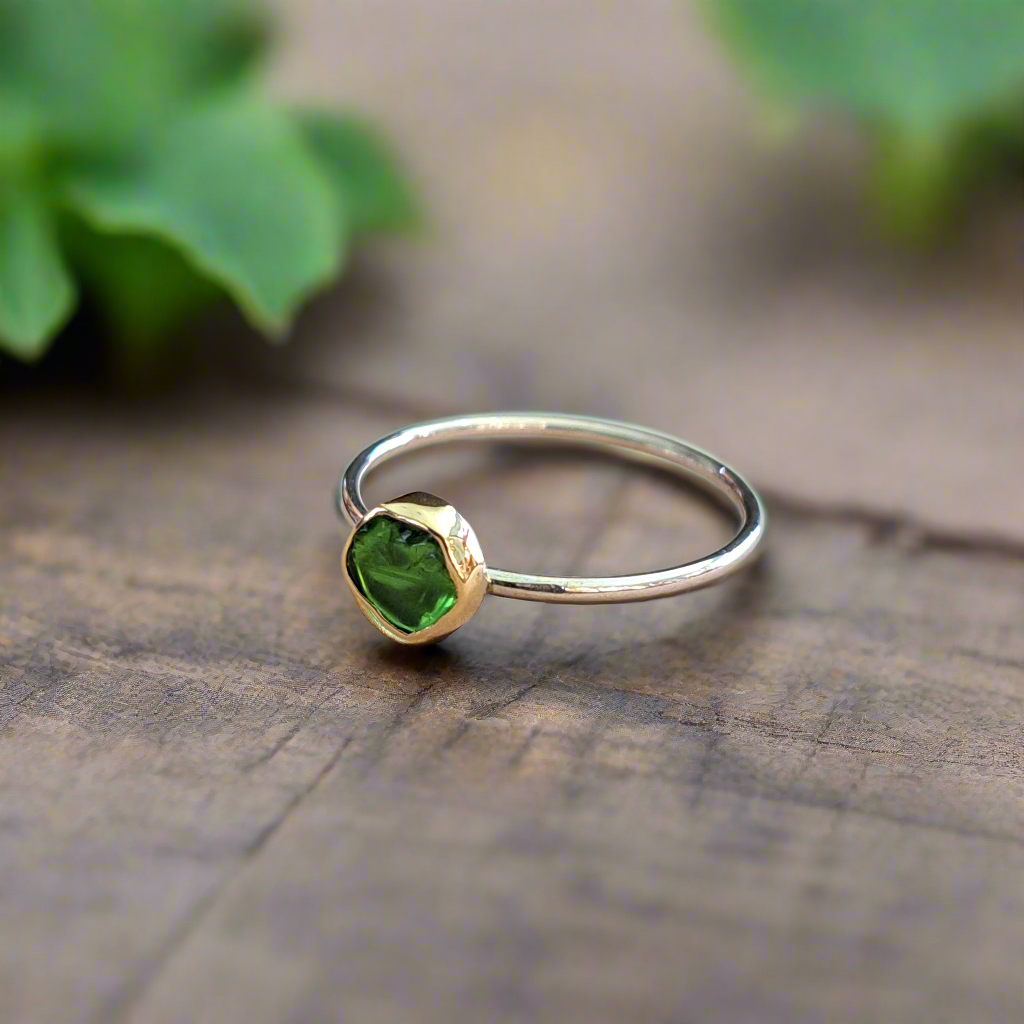 Handmade sterling silver and 18K gold ring with peridot