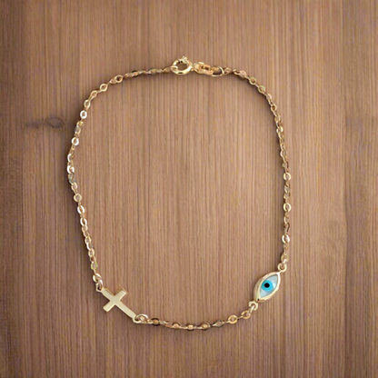 9K Gold bracelet with cross and evil eye