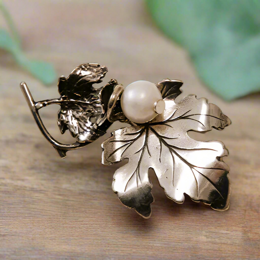 Sterling silver brooch-Grapevine Leaf with Pearl