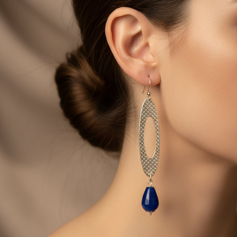 Oval silver earrings with blue agates