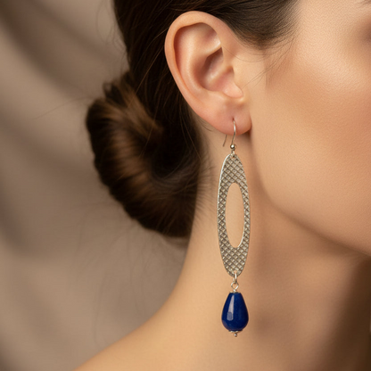 Oval silver earrings with blue agates