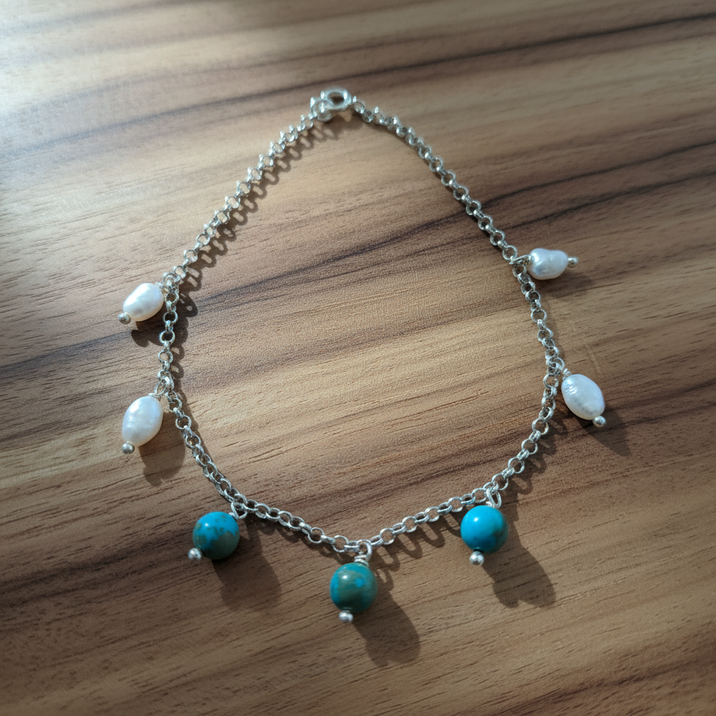 Handmade sterling silver bracelet with turquoise and pearls