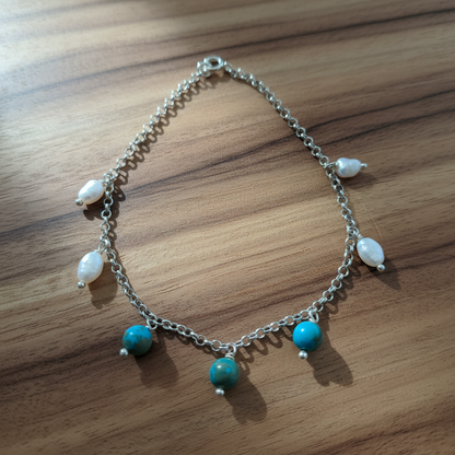 Handmade sterling silver bracelet with turquoise and pearls