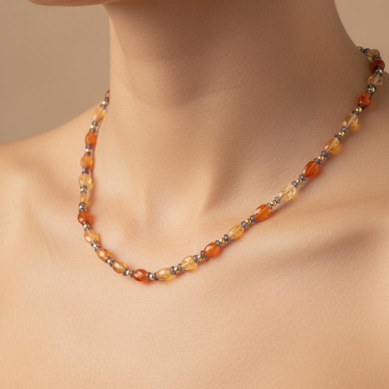 Handmade necklace with fire opals ,invites and 18K gold