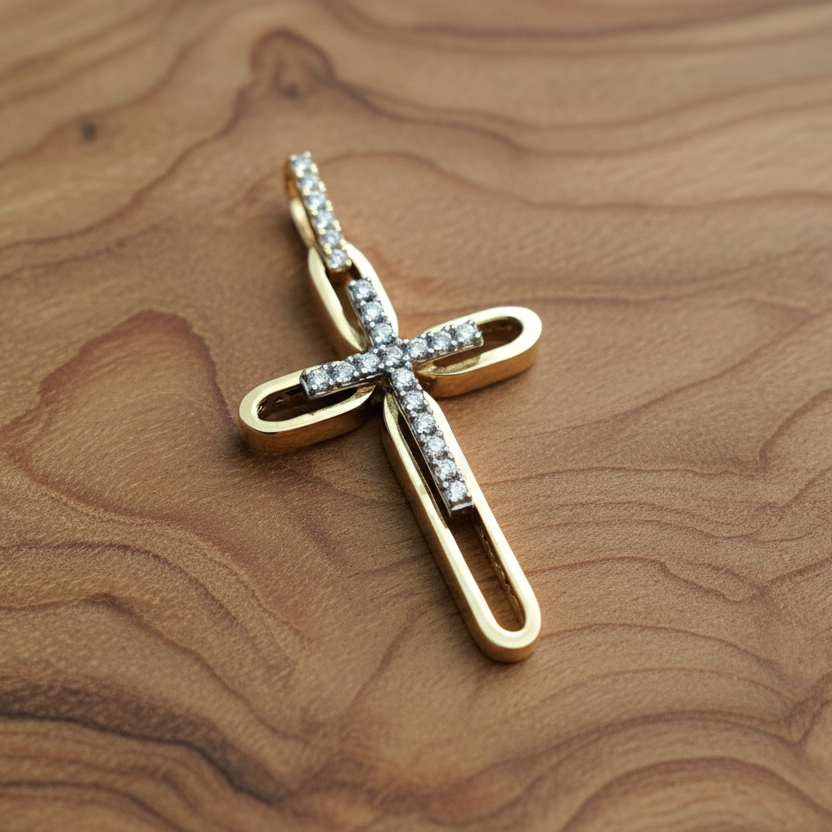 9K  double gold cross with zirkons - Katerina Roukouna