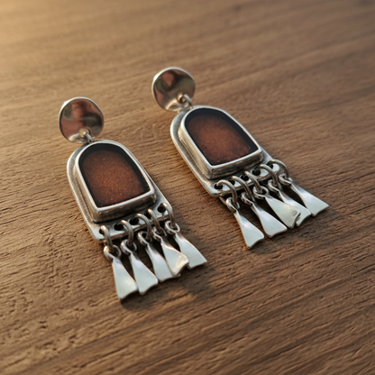 Ethnic style earrings with brown enamel