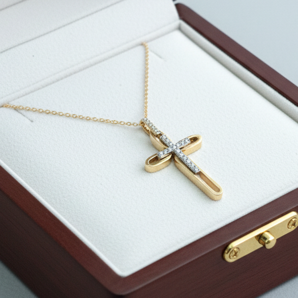 9K  double gold cross with zirkons - Katerina Roukouna