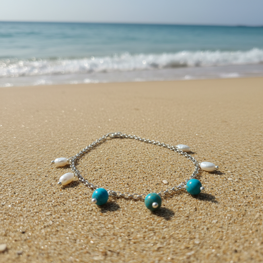 Handmade sterling silver bracelet with turquoise and pearls - Katerina Roukouna