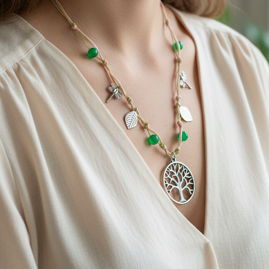 Handmade necklace with cords and the tree of life