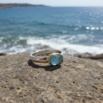 Handmade 18K and sterling silver ring with raw aquamarine