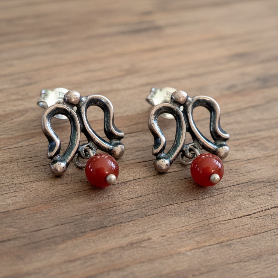 Handmade antique style sterling silver earrings with carnelians - Katerina Roukouna